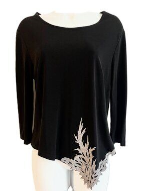 FRANK LYMAN Canada Women's Black Blouse Size 8 Embroidered Hem 3/4 Sleeve Dressy